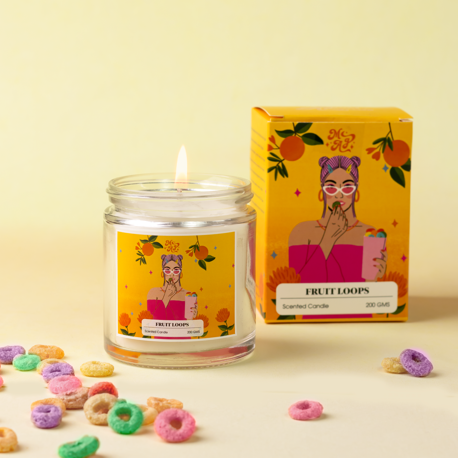 Morning Cartoons (Fruit Loops) Soy Wax Candle, Clear Glass, Crackling  Wooden Wick, Cherry, Orange, Vanilla, Sandalwood, Luxury